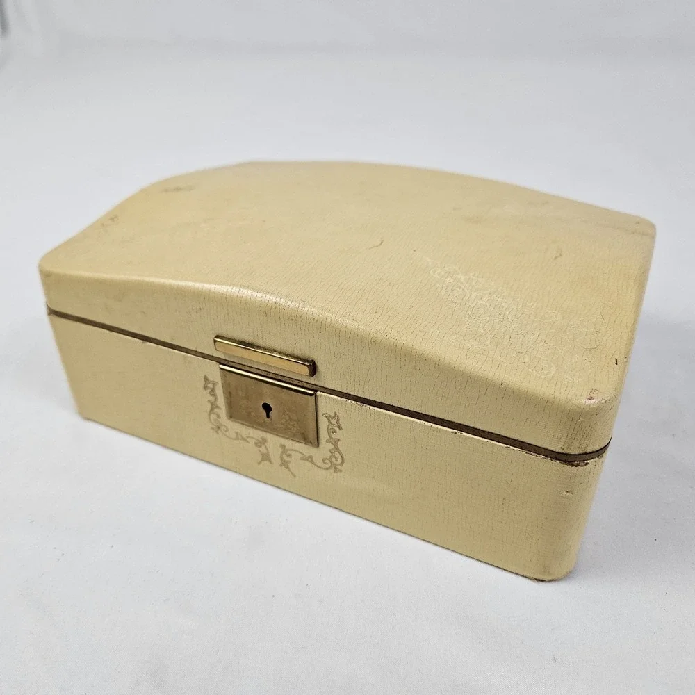 Vintage Jewelry Box Gold Embossed Faux Leather Farrington 50's Boho MCM